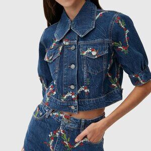 GANNI Embroidered Denim Jacket Floral Cropped EU 36 US 4 NWT
